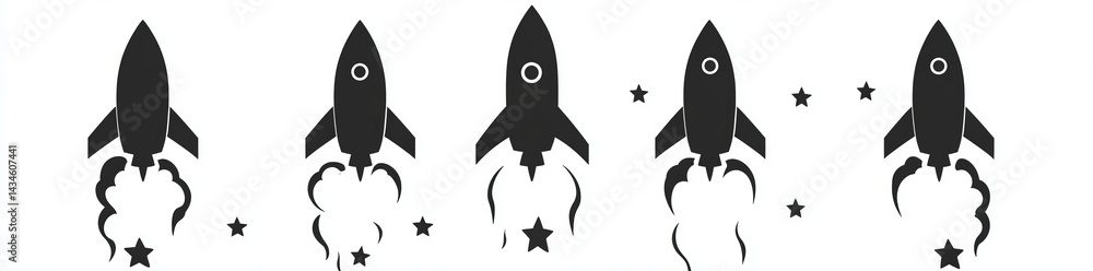 Fototapeta premium A range of rocket designs launch into the great expanse of space, set against a stunning vista of stars and clouds of smoke