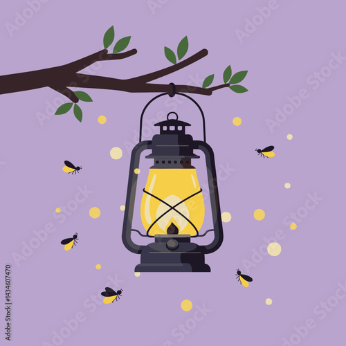 Vintage lantern hanging from tree branch with glowing fireflies on purple background vector illustration 