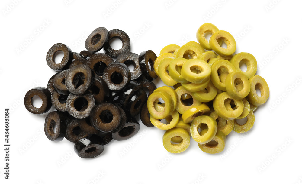 Marinated green and black olive rings isolated on white, top view Marinated green and black olive rings isolated on white, top view