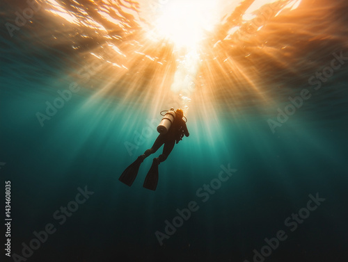 Wallpaper Mural Diver gliding underwater towards sun rays   Torontodigital.ca