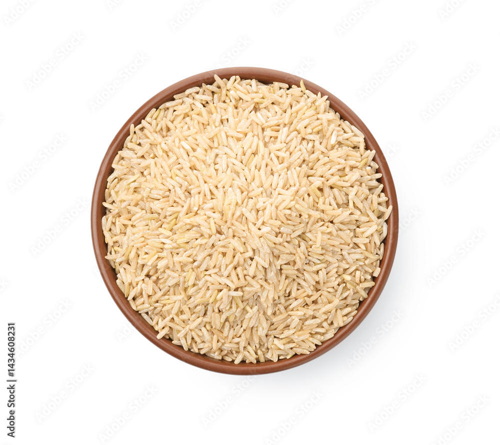 Raw brown rice in bowl isolated on white, top view Raw brown rice in bowl isolated on white, top view