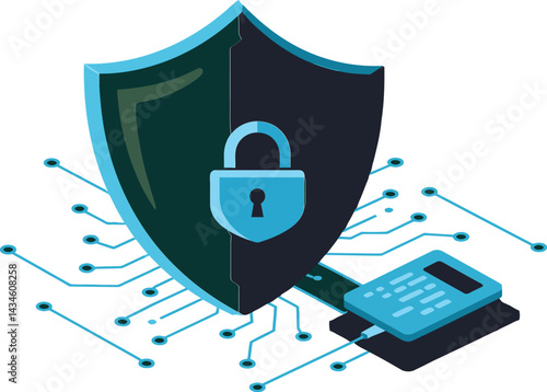Shield with lock and calculator depicting cybersecurity and data protection concept in digital technology vector illustration 