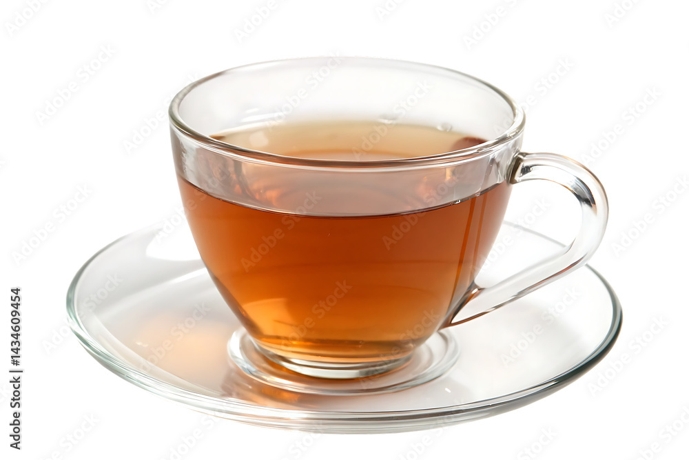 Transparent cup of tea on a saucer isolated on white background closeup Transparent cup of tea on a saucer isolated on white background closeup
