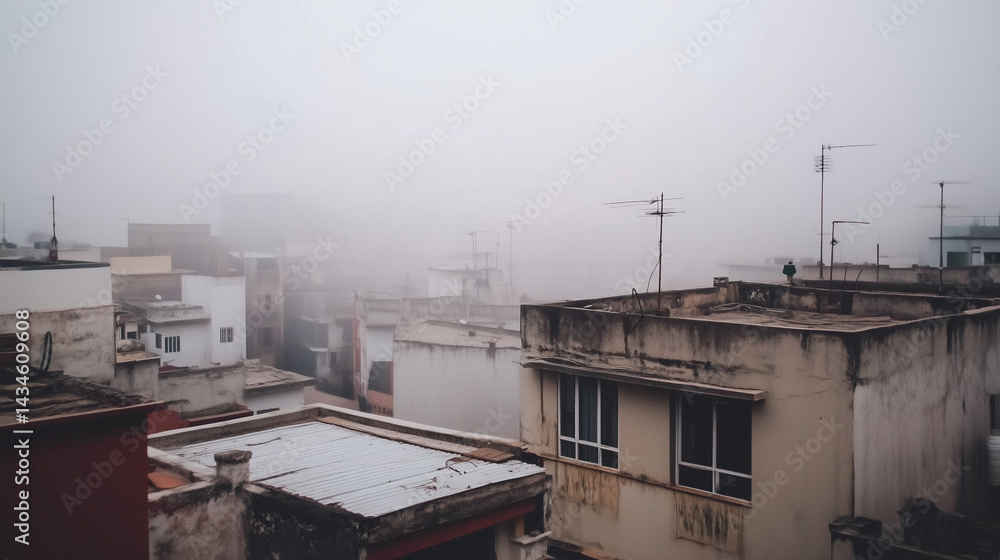 Fototapeta premium View of a city partially hidden in dense fog