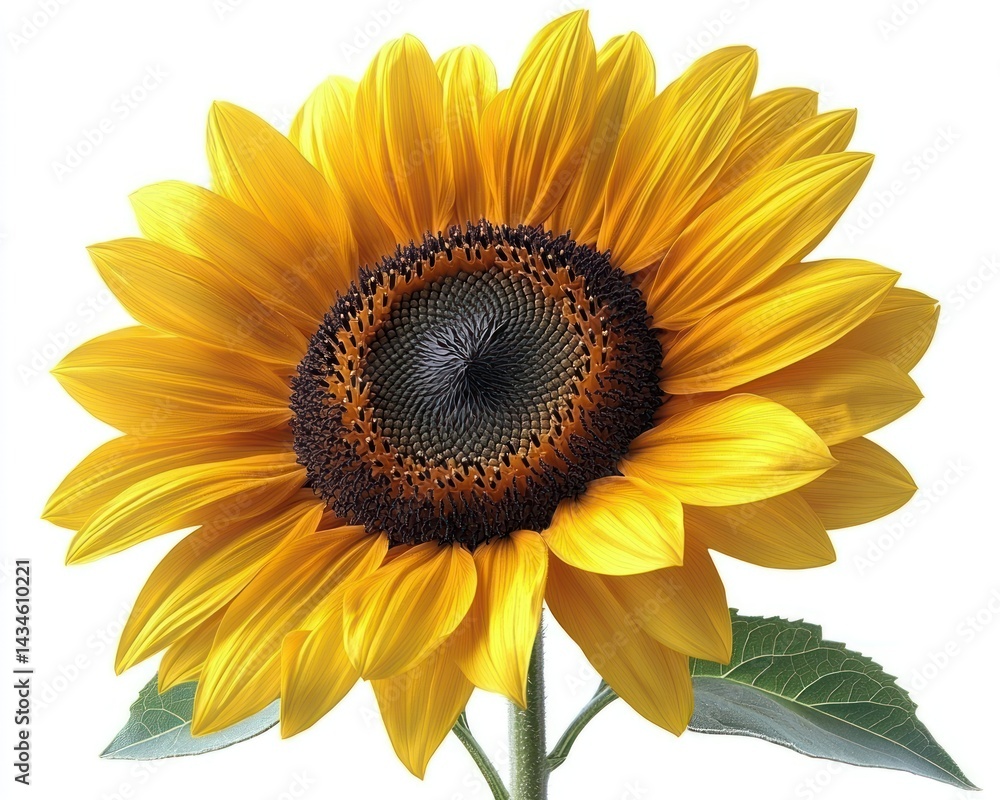 Fototapeta premium Vibrant sunflower blooming against a white background, showcasing its bright petals