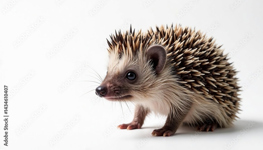 Close-up of a single hedgehog on a stark white backdrop , prickles, pet Close-up of a single hedgehog on a stark white backdrop , prickles, pet