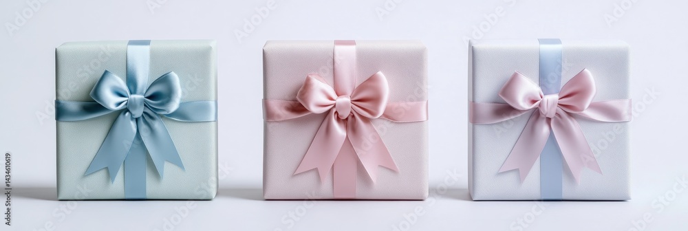 Three square gift boxes with satin ribbon bows in pastel colors on a white background Three square gift boxes with satin ribbon bows in pastel colors on a white background