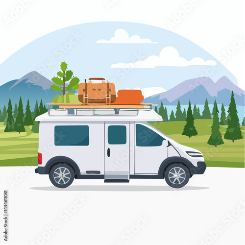 A camper van parked at a scenic overlook with gear on top.
