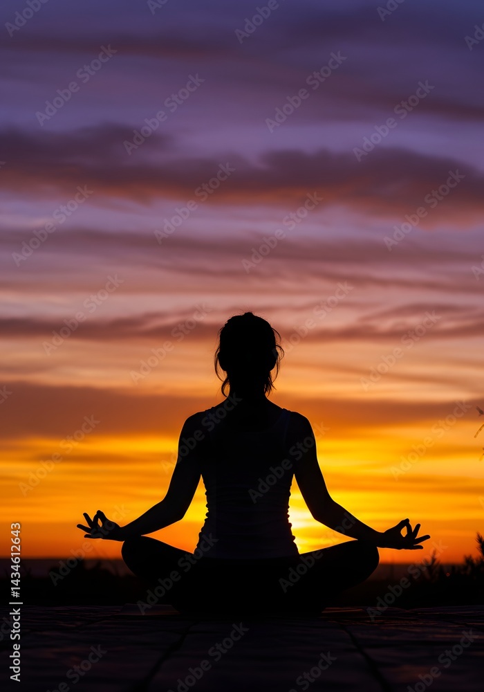 Silhouette of Woman in Yoga Pose at Sunset Meditation, Zen, Wellbeing, Serenity, Mindfulness. Silhouette of Woman in Yoga Pose at Sunset Meditation, Zen, Wellbeing, Serenity, Mindfulness.