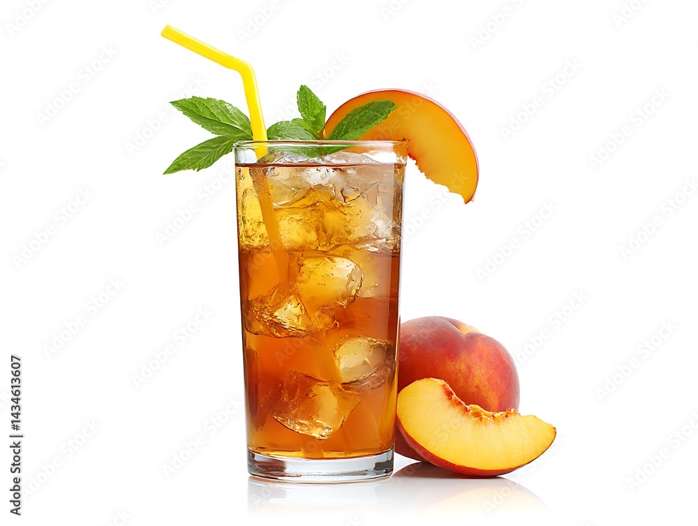 Peach iced tea with mint and straw isolated on white background Peach iced tea with mint and straw isolated on white background