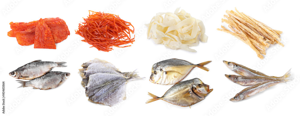 Different dried fish snacks isolated on white, set