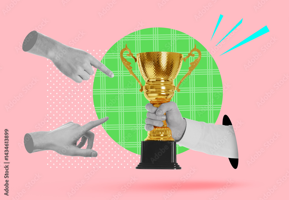 People pointing at golden trophy cup in man's hand on color background, creative collage
