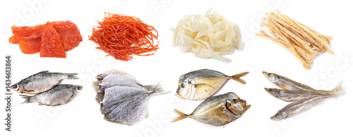 Obraz na płótnie Different dried fish snacks isolated on white, set w salonie