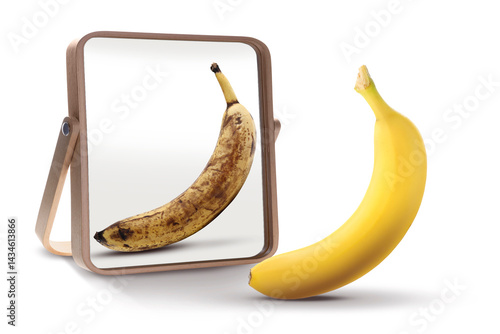 Foto Banana reflected in mirror as one with dark spots, white background