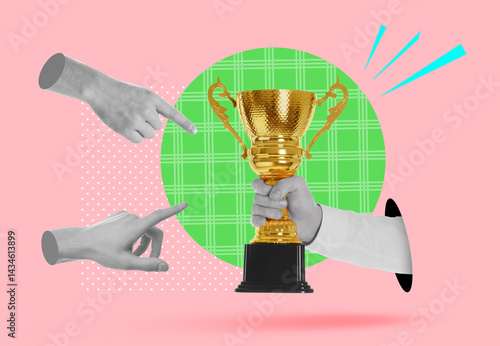 Obraz na płótnie People pointing at golden trophy cup in man's hand on color background, creative collage w salonie