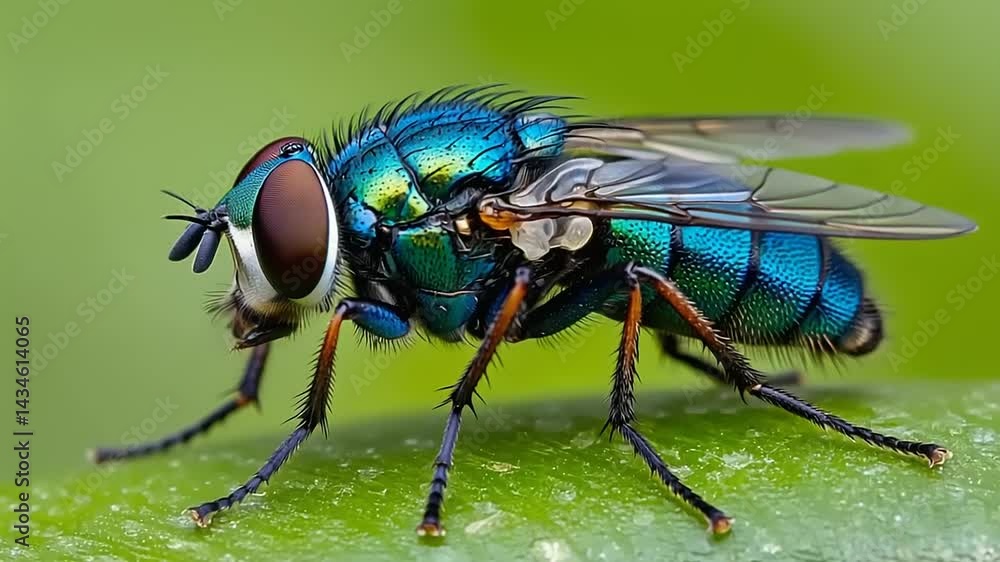 Iridescent blue fly perched on a green leaf Iridescent blue fly perched on a green leaf