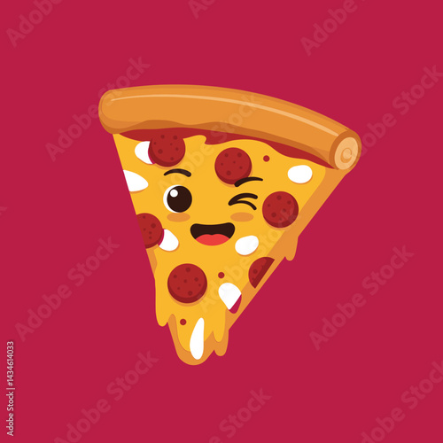 Pizza slice with cartoon face smiling and winking on red background vector illustration 