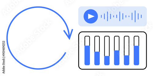 Circular loop arrow, media playback button with waveform, and adjustable sliders for audio control. Ideal for music app, sound design, streaming service, podcast platform, audio editing, creative