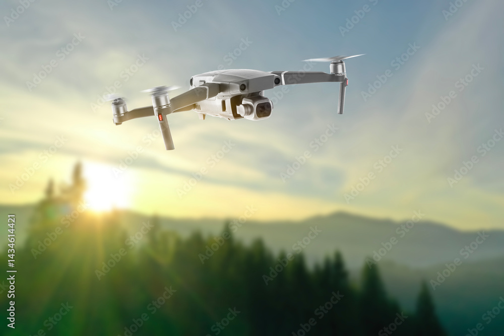 Drone with camera flying in mountains. Unmanned aerial vehicle for surveillance Drone with camera flying in mountains. Unmanned aerial vehicle for surveillance