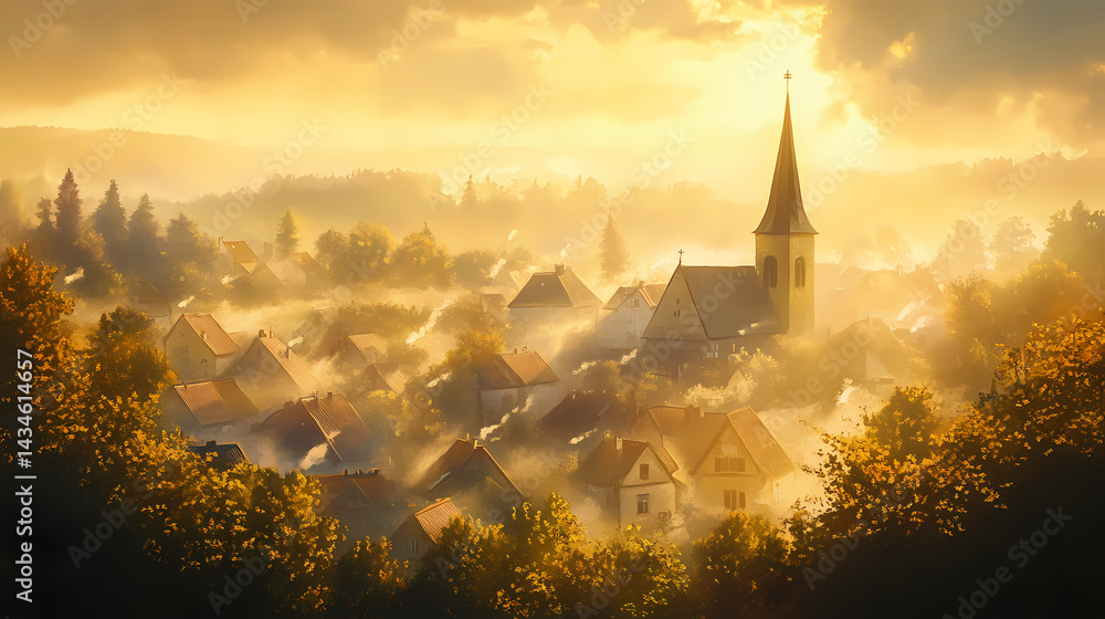 Fototapeta premium Village veiled in morning fog, the church spire a beacon amidst the soft golden light. spire. illustration. Veiled Spire. Illustration