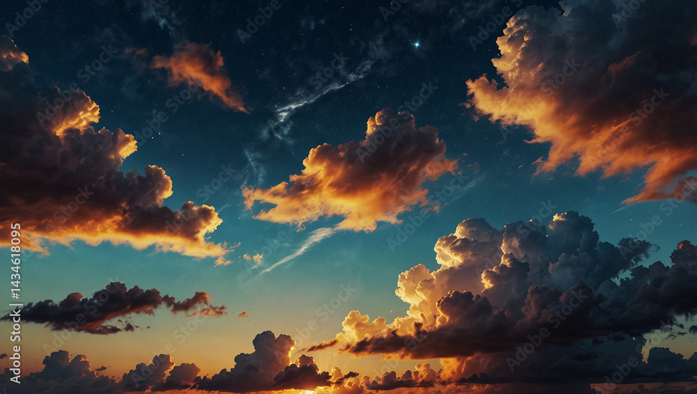Dramatic sunset sky with clouds and stars. 3d rendering. Created using generative AI tools
Dramatic sunset sky with clouds and stars. 3d rendering. Created using generative AI tools