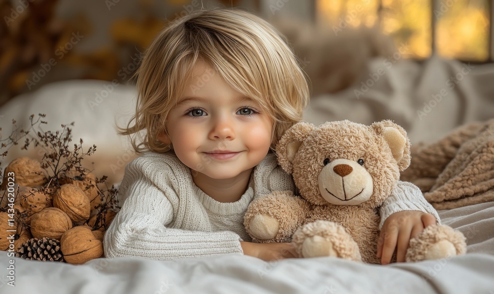 Adorable toddler boy with blond hair lies on a bed with a teddy bear and walnuts Adorable toddler boy with blond hair lies on a bed with a teddy bear and walnuts