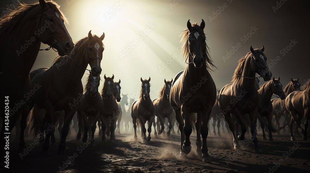 Obraz premium Majestic herd of galloping horses in morning light on dusty plain
