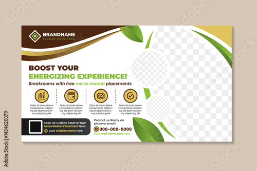 breekrooms with free micromarket placement banner design template. social media layout in horizontal layout. this cover with Infographic and photo space element. Combination brown and green colors 