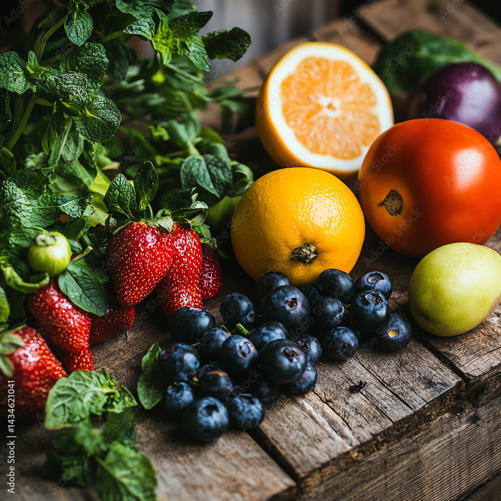Fresh Colorful Fruits and Vegetables on Wooden Table Fresh Colorful Fruits and Vegetables on Wooden Table