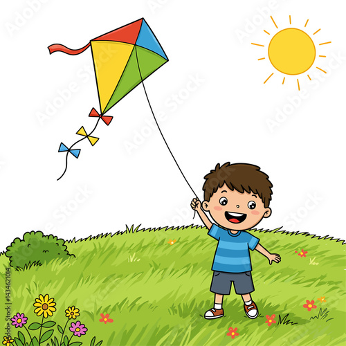 Cartoon Boy Flying a Colorful Kite in a Sunny Field with Vibrant Colors, Bold Outlines and Happy Expression on White Background