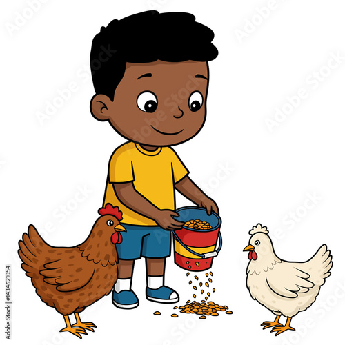 Cheerful Cartoon Boy Tossing Feed to Chickens in Farmyard Scene Featuring Bold Lines, Vibrant Colors and Minimalist Simple Background