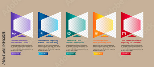 Vector Infographic Company milestone timeline template design with vertical trapezoid shape photo placeholders and shadow and transparent effects. five variation color with icon and sample of text.