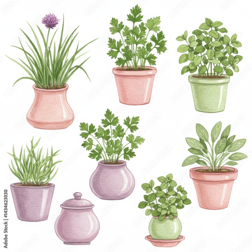 Fototapeta premium Collection of Potted Herbs with Pastel Pots