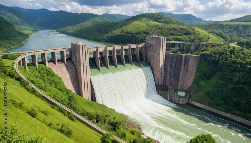 A concrete dam on the mountain river creates a hydroelectric reservoir within a scenic nature landscape A concrete dam on the mountain river creates a hydroelectric reservoir within a scenic nature landscape
