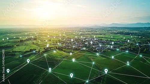 Aerial View of Rural Landscape with Location Marker Network