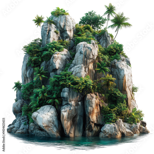 Rocky tropical island with palm trees and green vegetation, isolated on a transparent background. Tall limestone rock formation, lush greenery, exotic island landscape for travel and design projects. photo