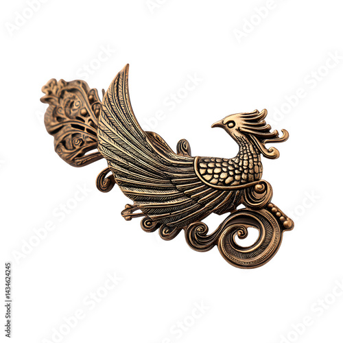 Golden ornamental phoenix illustration PNG, vintage filigree myth bird emblem, decorative swirling feather icon for branding