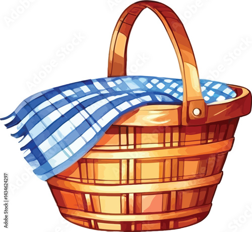 Classic Picnic Basket Hand Drawn Vector Illustration With Plaid Cloth For Summer Outings And Food Related Designs