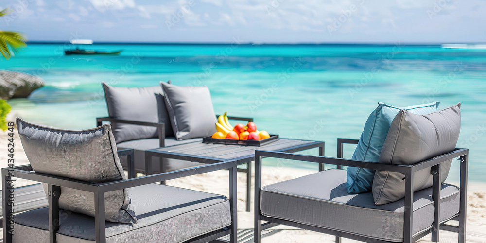 Outdoor terrace Tables and chairs by ocean at resort. Space for text. Travel summer vacation concept Outdoor terrace Tables and chairs by ocean at resort. Space for text. Travel summer vacation concept