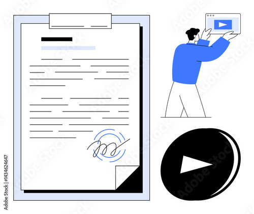 Digital document with handwritten signature, person holding device displaying video, play button. Ideal for e-signature, tutorials, digital workflow, office tasks, online services, remote