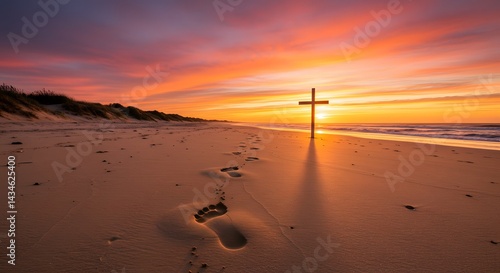 Cross on beach at sunset christian faith religion spiritual hope jesus christ footprints sand ocean sky