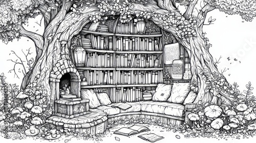 Wallpaper Mural Enchanted Library Nook Surrounded by Nature's Beauty for Coloring Torontodigital.ca
