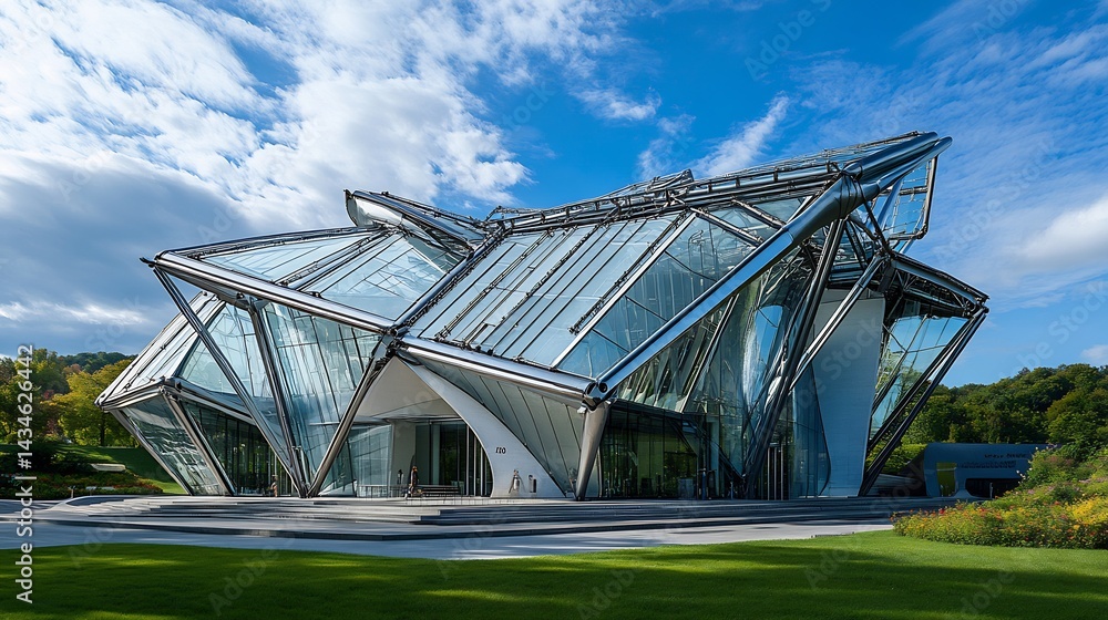 Obraz premium Futuristic Building With Metal Frame Transparent Glass Panels Geometric Roof Design and Abstract Construction Elements