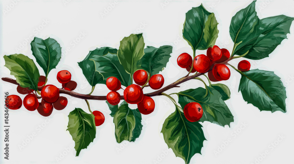 Obraz premium Vibrant red berries accompanied by lush green leaves on a branch highlight the beauty and harmony of nature