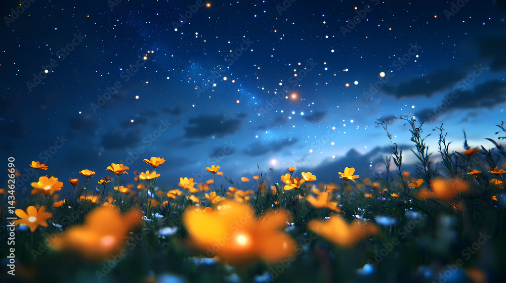 A starry night sky above an open field of wildflowers, with yellow and orange petals illuminated by the soft glow from the constellations. Nebula Petals. Illustration A starry night sky above an open field of wildflowers, with yellow and orange petals illuminated by the soft glow from the constellations. Nebula Petals. Illustration