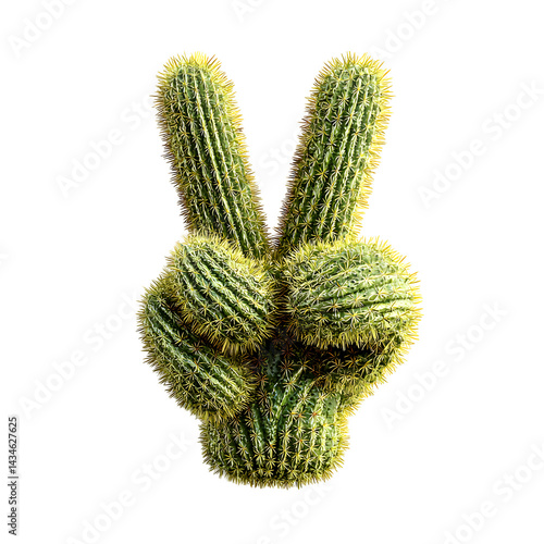 Realistic cactus hand peace sign PNG, green spiky succulent cutout illustration, botanical symbol for stickers and design