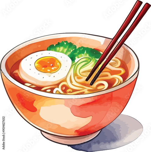 Watercolor Ramen Bowl Illustration Asian Noodle Soup With Egg And Chopsticks For Vector Design Food Art
