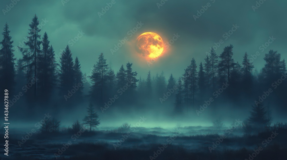 Fototapeta premium Enchanting Night Forest with Glowing Full Moon Mystical Landscape Atmospheric Scene Nature P
