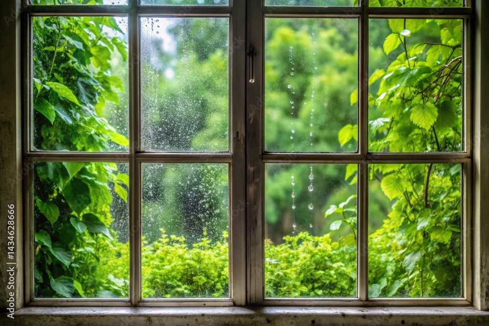 Rainy Day View Through a Window with Flowers Rainy Day View Through a Window with Flowers