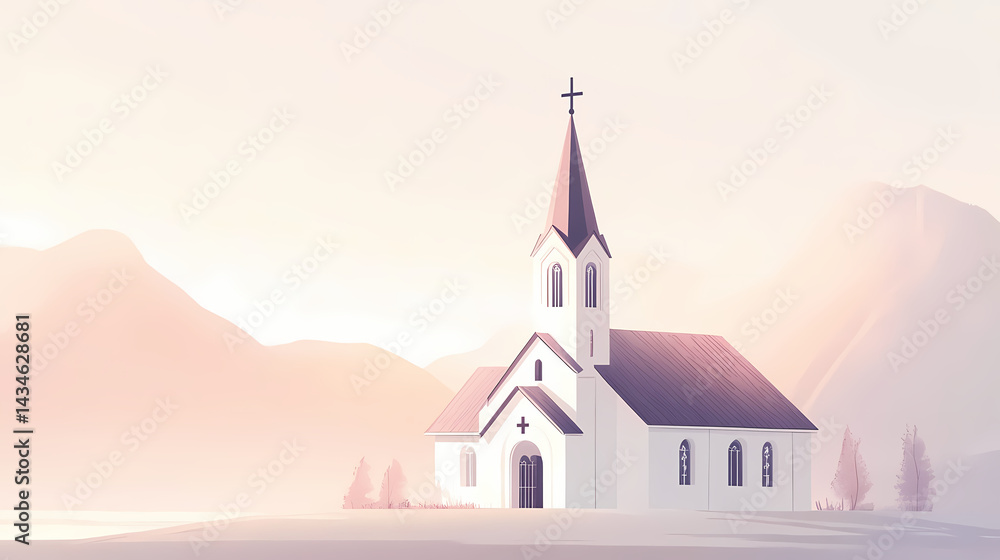 Naklejka premium White church with tall spires and a cross, set against a soft, pale background, conveying serenity and faith. Pale Spire. Illustration